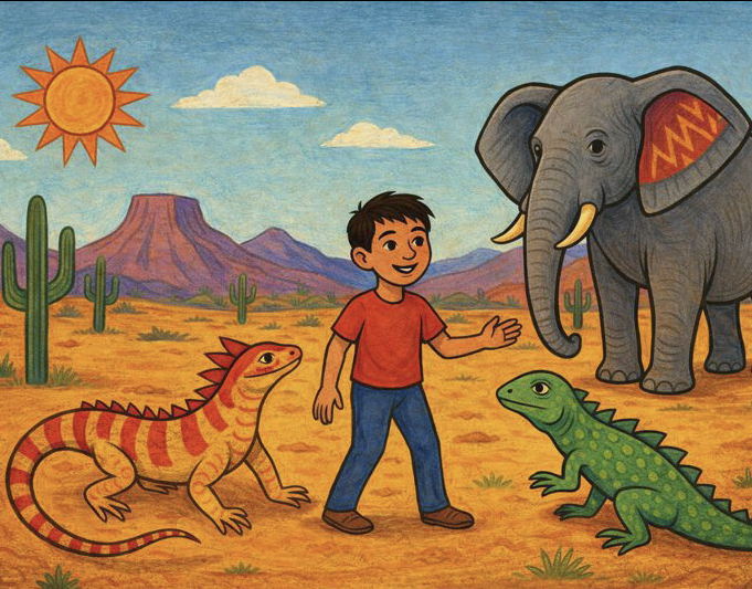 Bild på två ödlor, en lite pojke och en elefant i öknen. Bilden är ai-genererad.