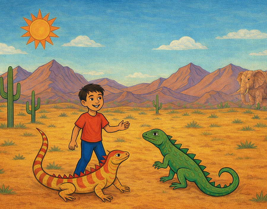 ai-genererad bild på en pojke och två ödlor i den mexikanska öknen, i bakgrunden syns bergen och en elefant i sten.